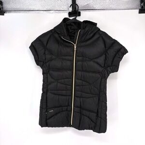 OROBOS Puffer Jacket Womens S Black Short Sleeve Hooded Goosedown Quilted Zip